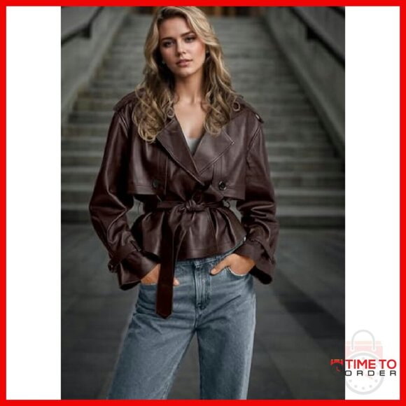 Faux Leather Belted Trench Coat Moto Jacket Women's Size Small - Picture 5 of 7